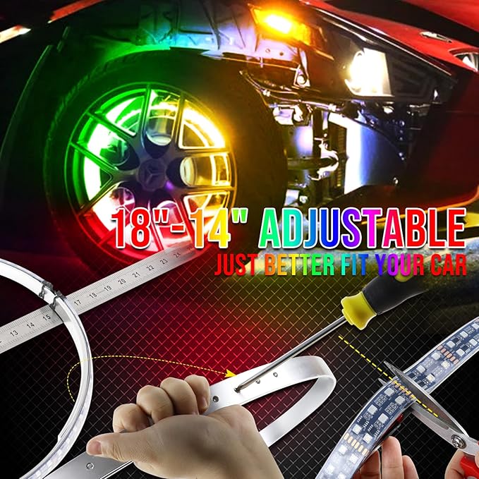 Adjustable 14-18inch 2-Rows Adjustable Wheel Ring Lights, RGBW Wheel Lights for Truck, LED Chases Dancing Color Rim Lights Fit for All Truck Pickup Car SUV Off-Road 4 Wheels Vehicle