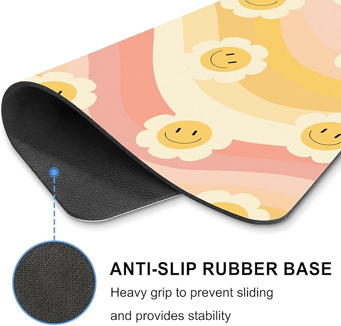 Smile Face Mouse Pad Desk Retro Orange Yellow Rainbow Cute Daisy Groovy Flower Mousepad Sun Floral Aesthetic Square Laptop Computer Office Small Portable Wireless Mat Accessories Girly Teacher