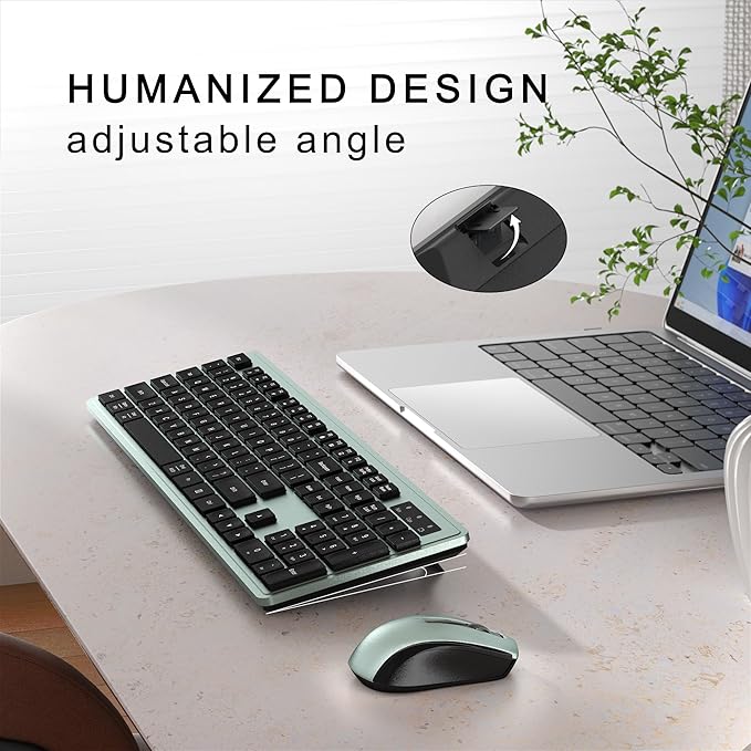Wireless Keyboard and Mouse Combo, Full-Size 104-Key Office Keyboard with 15 Function Keys, Numeric Keypad, Single USB Receiver, Compatible with PC and Laptop(Green)