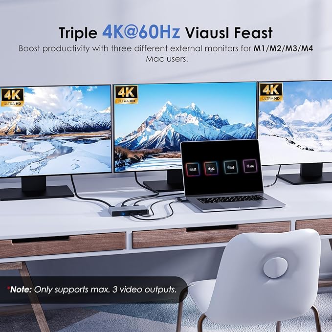 3 Monitor Docking Station, WAVLINK triple monitors adapter for M1/M2/M3/M4 macOS Systems. Type-C&A hosts, 100W PD IN, 3* HDMI + 2* DP Available, Triple 4K@60Hz, SMI Driver & Host USB3.2 Gen 2 Required