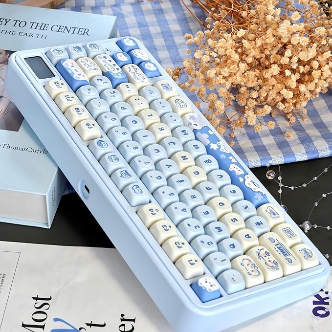 PBT Keycaps - Cute Keycaps Blue White 60 65 75 100 Percent, Kawaii Anime Cat Key caps Custom 130 Keys, MOA Profile for 61/68/84/87/98/100 Cherry Gateron MX Mechanical