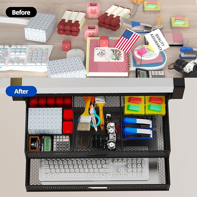 Under Desk Drawer Organizer No Drill Metal Under Desk Storage Drawer Container 2 Slide Out Cabinet Drawer Suitable for Home And Office (Extra Large)