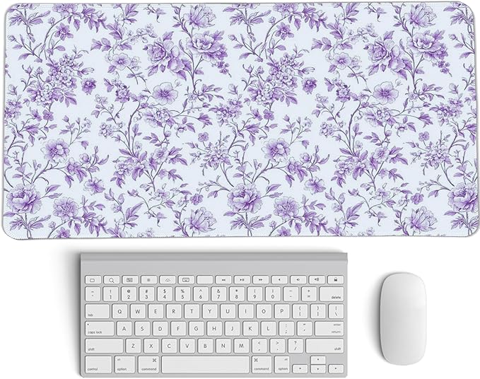 Purple Chinoiserie Mouse Pad,Vintage Purple and White Floral Desk Mat,XL Large Vintage Flowers Preppy Mouse Pad,Girly Laptop Desk Mat for Dorm Home Office,23.6x11.8 Inch