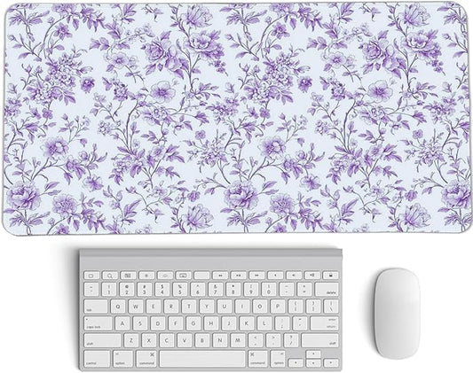 Purple Chinoiserie Mouse Pad,Vintage Purple and White Floral Desk Mat,XL Large Vintage Flowers Preppy Mouse Pad,Girly Laptop Desk Mat for Dorm Home Office,23.6x11.8 Inch
