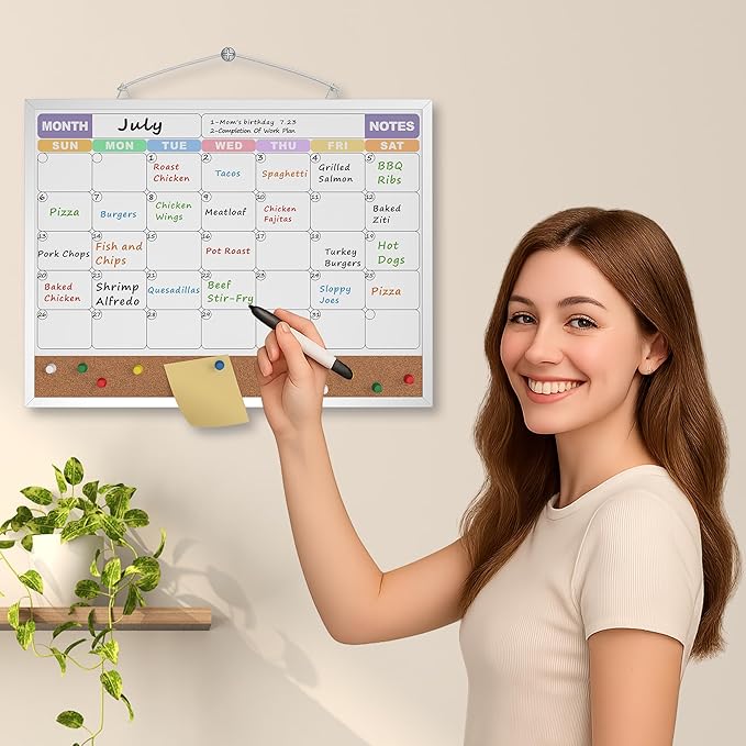 Monthly Calendar Dry Erase Board 16x12 Inch, Double-Sided Whiteboard and Corkboard Combo with Silver Aluminum Frame (Color Calendar), Wall Mounted Planner with Marker, Magnet, Push Pin, Eraser