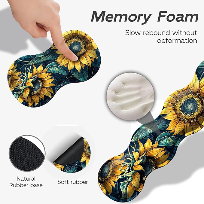 Gaming Mouse Pad Set, Sunflowers Pattern Large Desk Mat Mousepad, Keyboard Wrist Support, Mouse Wrist Rest, Coaster 4in1 Ergonomic Memory Foam, Non-Slip Stitched Edge for Home Office