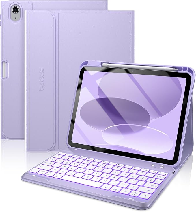 typecase Folio Keyboard Case for iPad 10th Gen 10.9 inch (2022) and iPad 11th (A16, 2025), Magnetic Wireless Detachable Keyboard, 7-Color Backlight, Thin & Light, Pencil Holder – Light Purple