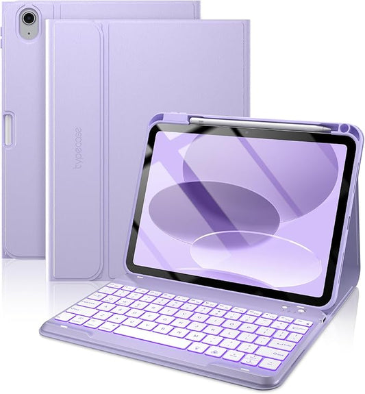 typecase Folio Keyboard Case for iPad 10th Gen 10.9 inch (2022) and iPad 11th (A16, 2025), Magnetic Wireless Detachable Keyboard, 7-Color Backlight, Thin & Light, Pencil Holder – Light Purple