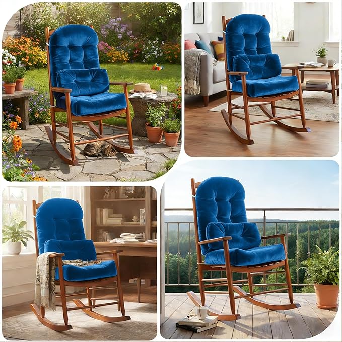 Rocking Chair Cushion Indoor Large Chair Pads Set with Ties Extra Lumbar Pillow Premium Dutch Velvet High Resilience Filler Non-Slip Bottom, Dark Blue