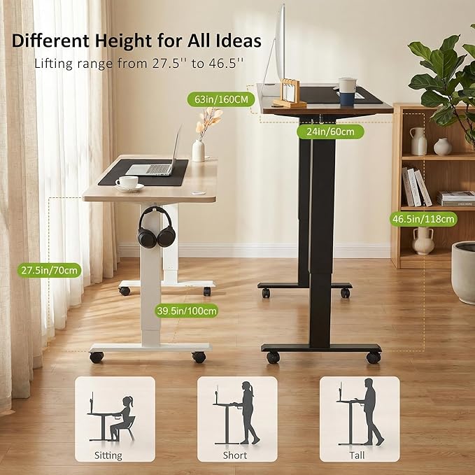 farexon Electric Standing Desk Adjustable Height, 63x24 Inches Computer Desk with Rolling Wheels, Mouse Pad,Multifunctional Stand up Desk for Home/Office(Oak Gray)