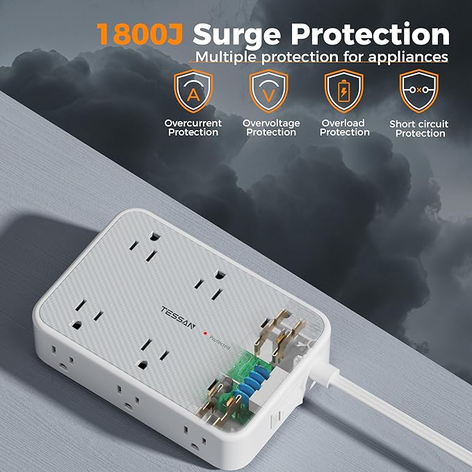 TESSAN Surge Protector Power Strip, 10FT Flat Extension Cord with Multiple Outlets, 12 Outlet Extender with 4 USB (2 USB-C), Flat Plug Power Strip, 1800J Surge Protection, Office, Dorm Essentials