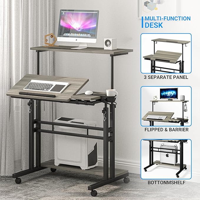 Panta Mobile Standing Desk, Adjustable Rolling Computer Desk with 3 Desktops, Portable Laptop Table with Cup Holder, Home Office Laptop Workstation on Lockable Wheels, Grey Oak