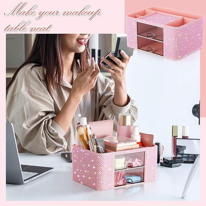 Pink Bling Desk Organizer with 2 Drawer, Sparkly Makeup Organizer for Vanity, Girly Desk Accessories, Rhinestone Pen Holder, Elevate Your Workspace with Pink Serenity (Pearl)