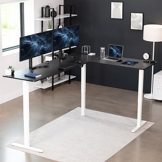 VIVO Corner Standing Desk, 84 x 63 inch Reversible L-Shaped Workstation, Electric Height Adjustment, Home, Office, and Reception Rooms, Black Table Top White Frame, DESK-E3CTWB-84
