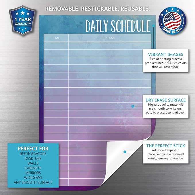 Dry Erase Daily Schedule Planner Sticker Decal by Glassboard Studio | Removable & Reusable | Magnetic Fine-Tip Marker Included (6 x 9 inches, Watercolor)