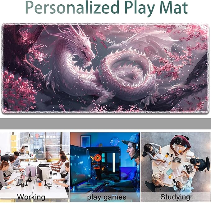 Large Gaming Mouse Pad + Keyboard Wrist Rest + Wrist Support + Coaster Set, Memory Foam Ergonomic for Easy Typing, XXL Extended Gaming Mouse Pad Table Pad - Cherry Pink Dragon
