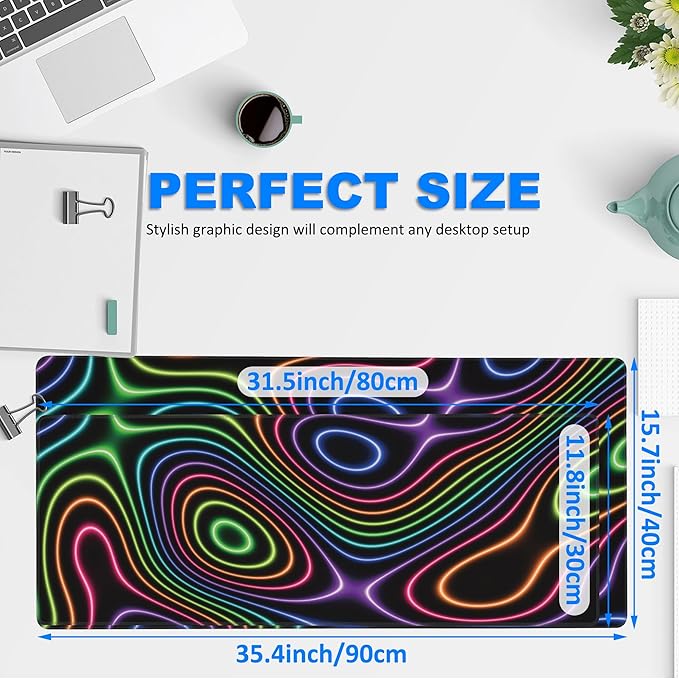 Desk Mat, Colorful Neon Topographic Contour Map Extended Gaming Mouse Pad Large, 31.5"x11.8" Big Mouse Pad with Non-Slip Base and Stitched Edge, Long Computer Keyboard Mouse Mat for Home Office Work