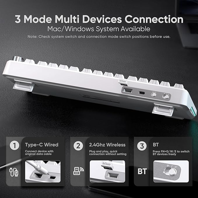 RedThunder K75 Wireless Mechanical Keyboard, CNC Knob, Tri-Mode BT5.0/2.4GHz/USB-C Hot Swappable Custom, Pre-lubed Linear Coconut Switches, Gasket Structure, RGB Gaming Keyboard, White Contour Lines