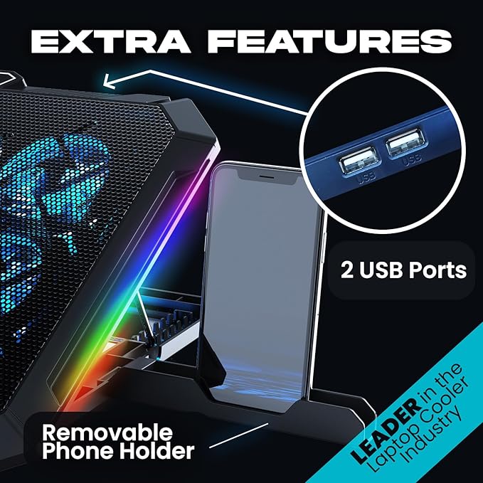 KLIM V8 Gaming Laptop Cooling Pad with 8 Fans + New Version + Gaming Laptop Cooler + Stable RGB Laptop Stand with Fan + Compatible up to 17" + 2 USB Ports + Phone Holder + 5 Year Assurance