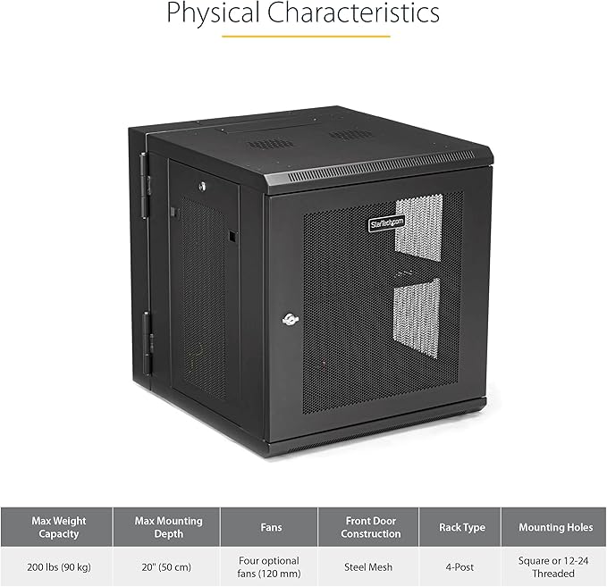 StarTech 4-Post 12U Wall Mount Network Cabinet with 1U Shelf, 19in Wall-Mounted Server Rack Kit, Up to 20in Mounting Depth, Ships Fully Assembled
