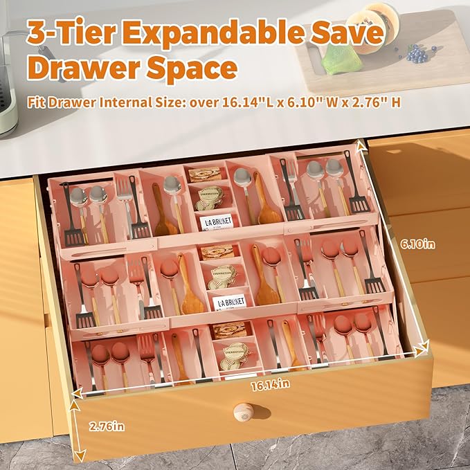 3 Tier Drawer Organizer - Expandable Junk Drawer Organizer Smart Office Supply Organizer, Folding Storage Multi-level Desk Organizer for Makeup,Jewelry,Kitchen Storage (1 Row 3 Tier, Pink)