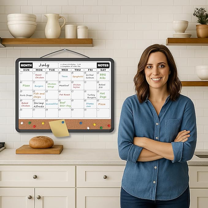 Monthly Calendar Dry Erase Board 16x12 Inch, Double-Sided Whiteboard and Corkboard Combo with Black Plastic Frame, Wall Mounted Planner Organizer with Markers, Magnets, Push Pins, Eraser