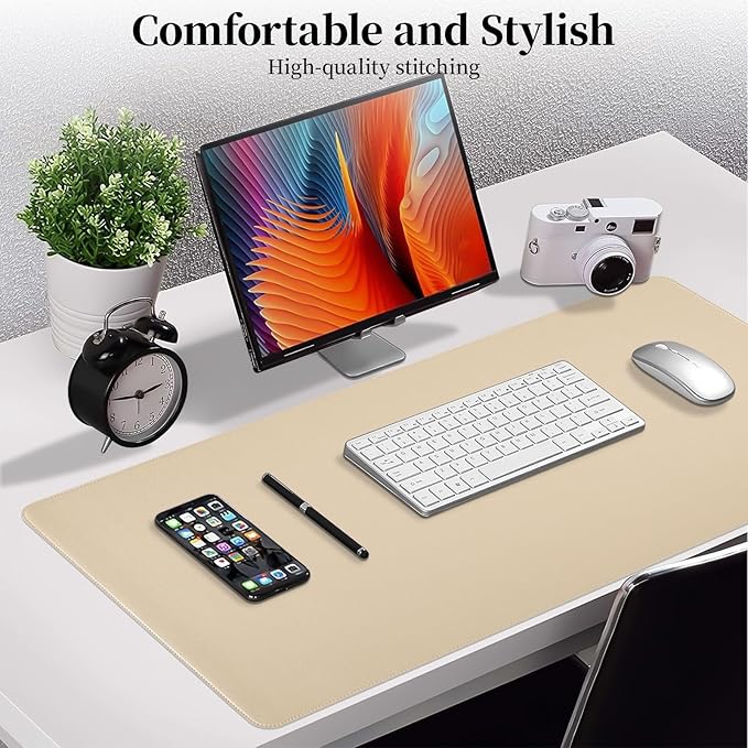Beige Leather Desk Mat Large Mouse Pad, Waterproof Desk Pad for Keyboard and Mouse, Non-Slip Computer Desk Protector, Smooth Mouse Movement Desk Mat for Home and Office(31.5"×15.7")