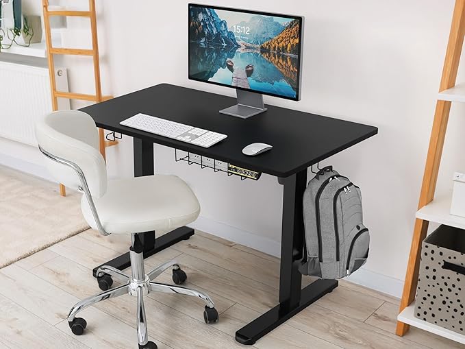 SHW 40 x 22 Inches Electric Height Adjustable Sit to Stand Desk with Hanging Hooks and Cable Management, Black Frame and Black Top