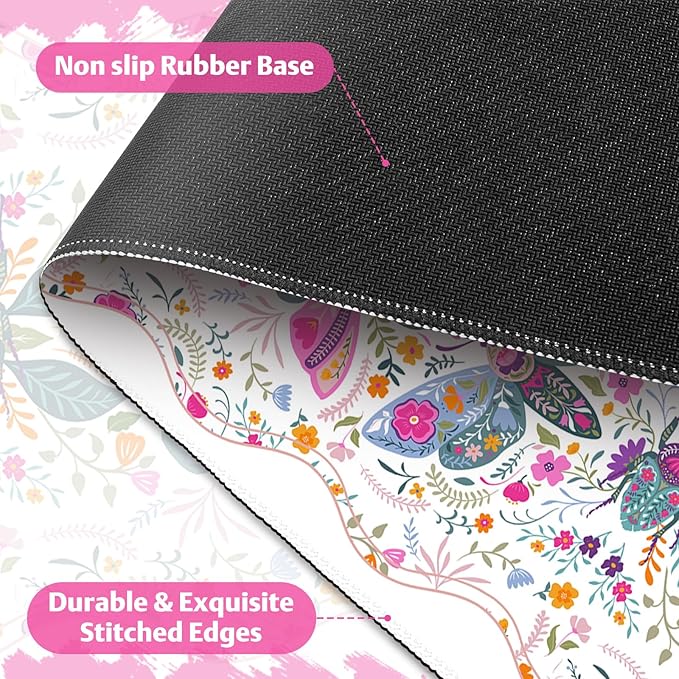 Desk Mat for Keyboard and Mouse, Large Non-Slip Mouse Pad Keyboard Pad, Computer Mats for Desktop, Cute Desk Pad with Stitched Edges for Office, Gaming I Pure White Vibrant Florals