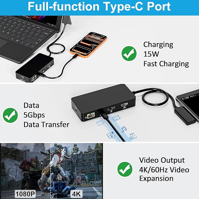12-in-1 Surface Docking Station, 4K@60Hz Triple Display Surface Dock with HDMI, DP, USB-C, 4-Screen Support, 4 USB Ports, SD/TF, Audio for Surface Pro 11/10/9/8/7, Surface Laptop, Book, Go