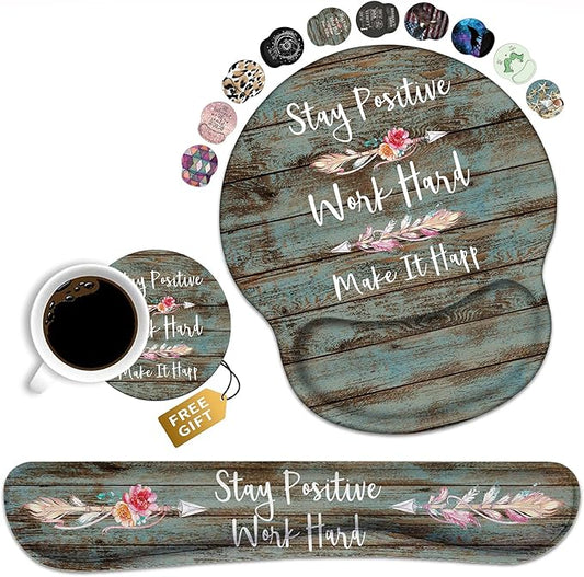 Keyboard Wrist Rest and Mouse Pad Wrist Rest Support Set with Coasters, Stay Positive Work Hard and Make It Happen Inspirational Quote Non-Slip PU Base, Perfect for Home Office Working Studying