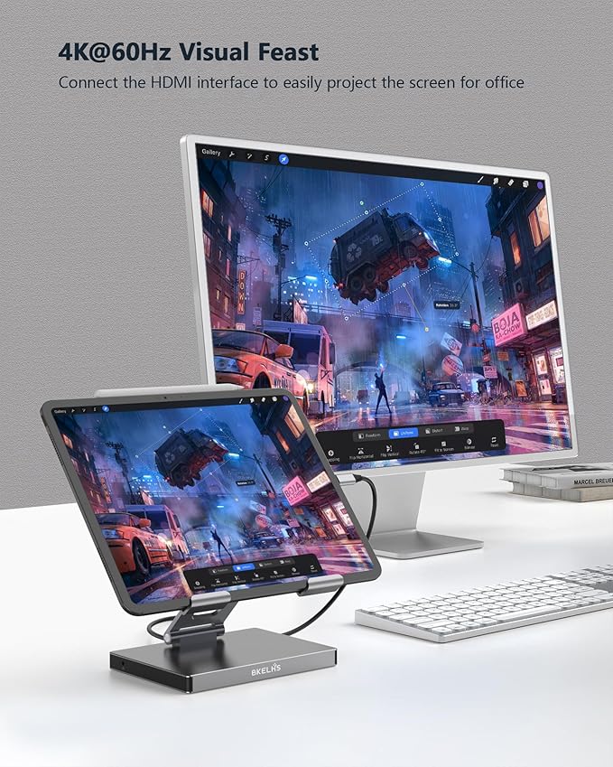iPad Pro USB C Hub Stand, 9 in 1 Adapter for iPad Air M5 M3 M4 13 12.9 Inch Docking Station 4K 60Hz HDMI, RJ45 Ethernet, SD/TF Card Reader, 3 USB 3.0, 3.5mm Audio, iPad Accessories Samsung Tablet Dock