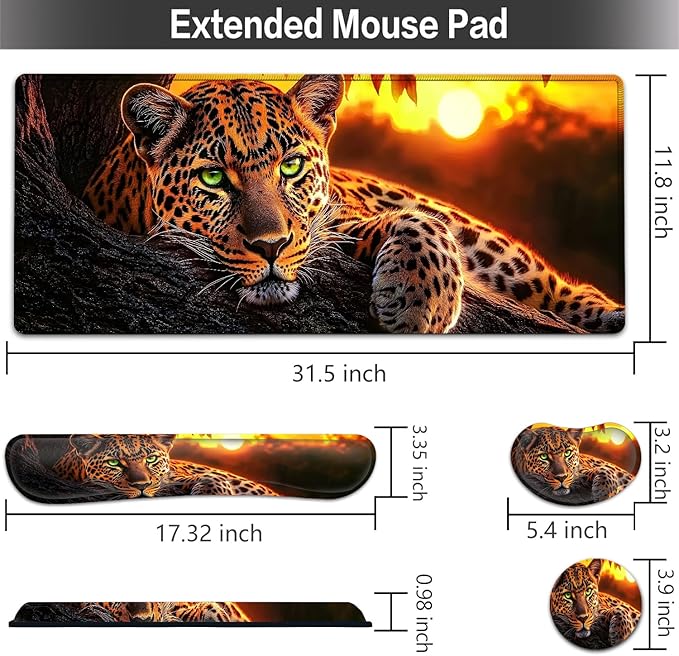 Large Mouse pad and Keyboard Support Set, Ergonomic Memory Foam Keyboard Wrist Rest, Extended Gaming Mouse Pad with Stitched Edges, Animal Leopard XXL Desk Mat (31.5 X 11.8 in)