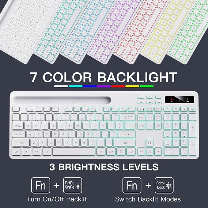 Wireless Keyboard with 7-Color RGB Backlit, Full-Size Computer Keyboard with Phone Tablet Holder, 2.4G Rechargeable Gaming Keyboard with Light Up Keys, Compatible with Mac, Windows (White)