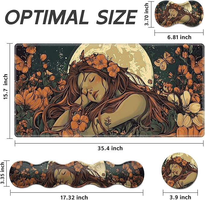 Gaming Mouse Pad Set, Moonlight Girl Large Desk Mat Mousepad, Keyboard Wrist Support, Mouse Wrist Rest, Coaster 4in1 Ergonomic Memory Foam, Non-Slip Stitched Edge for Home Office