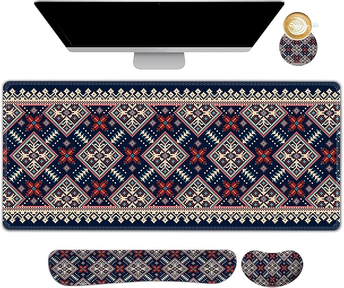 AIMSA Desk Mat Set Bohemian, Large Mouse Pad + Mouse Wrist Rest + Keyboard Wrist Support + Coaster, Navy Blue Gaming Mouse Pad Combo for Home Office