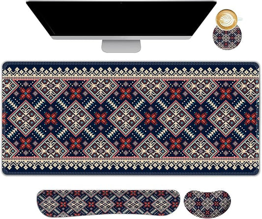 AIMSA Desk Mat Set Bohemian, Large Mouse Pad + Mouse Wrist Rest + Keyboard Wrist Support + Coaster, Navy Blue Gaming Mouse Pad Combo for Home Office