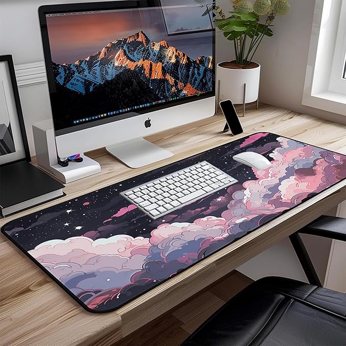 Kawaii Anime Desk Mat, Pink Purple Cloud Large Mouse Pad, Large Gaming Computer Keyboard Mat, Full Desk Pads XXL Office Desktop Cover Mat, Cute Women Office Desk Accessories 31.5"X15.7"