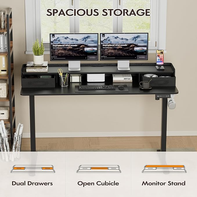 Furmax Electric Standing Desk with Drawers, Stand Up Desk with Storage Shelf Height Adjustable Computer Desk with Organizer for Home Office Ergonomic (Black, 55 Inch)