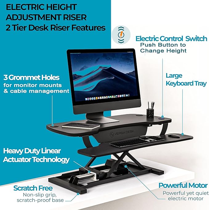VERSADESK PowerPro™ 36 Inch Electric Standing Desk Converter, Height Adjustable Sit to Stand Up Desk Riser, Laptop and Dual Monitor Desktop Workstation with Wide Keyboard Tray and USB Port, Black