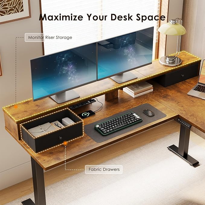 Casaottima 59 Inch Electric L-Shaped Standing Desk with Drawers, Height Adjustable Stand Up Corner Desk with Monitor Stand, Lift Table for Home, Office, Workstation, Rustic Brown