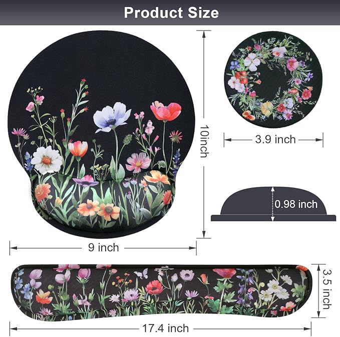 Wildflower Mouse Pad with Wrist Rest and Keyboard Wrist Rest Set, Black Floral Ergonomic Memory Foam Mouse Pad Set for Women, Office Desk Accessories, Gaming Use