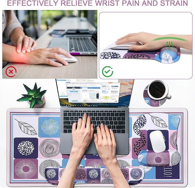 MEGREZ 4-in-1 Ergonomic Memory Foam Wrist Rest Set, Desk Pad, Mouse Pad with Wrist Rest, Keyboard Pad, Suitable for Office Workers, Programmers & Gamers–Relieve Typing & Gaming Fatigue, Color Grid