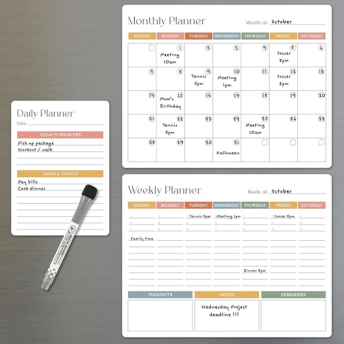 Beautiful Magnetic Dry Erase Calendar Set of 3 - Easy-to-Erase Whiteboard with Marker & Premium Magnet for Your Fridge - The Perfect Weekly and Monthly White Board Organizer for Everyday Planning