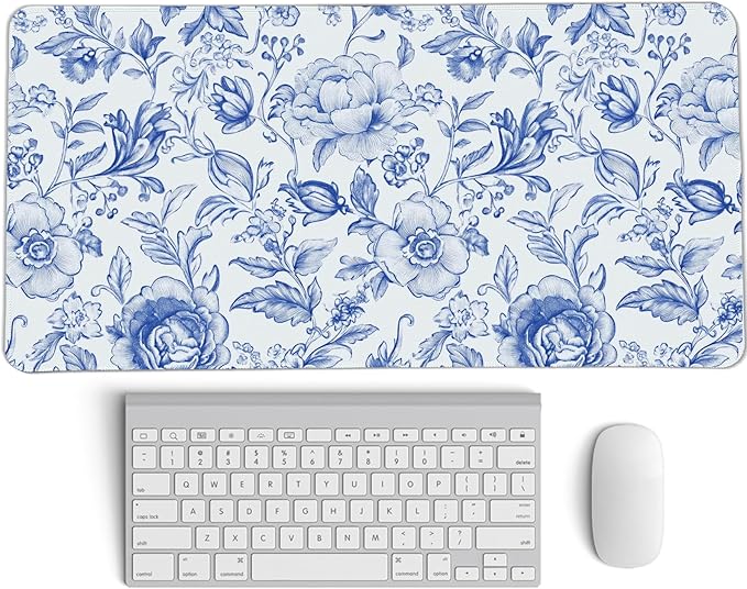 Blue Chinoiserie Mouse Pad,Blue and White Floral Desk Mat, Large Floral Preppy Trendy Mouse Pad,Girly Gaming Mousepad,Girly Laptop Desk Mat for Dorm Home Office Decor,23.6x11.8 Inch
