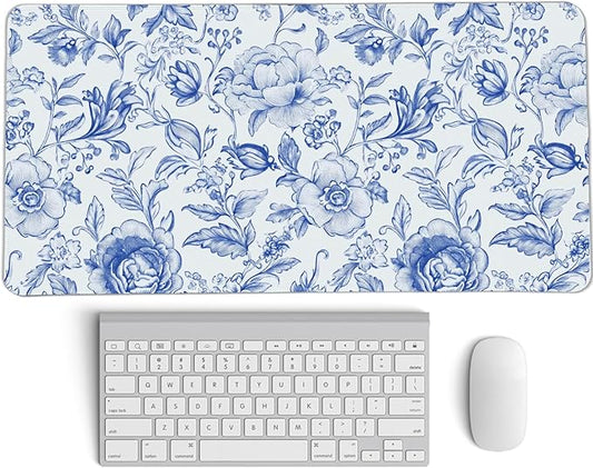 Blue Chinoiserie Mouse Pad,Blue and White Floral Desk Mat, Large Floral Preppy Trendy Mouse Pad,Girly Gaming Mousepad,Girly Laptop Desk Mat for Dorm Home Office Decor,23.6x11.8 Inch