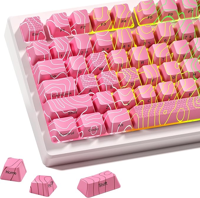 XVX Pink Topographic Keycaps with IMD Tech, Shine Through Custom Keycap 60 75 100 Percent, Lines Backlit Keycap Set, OEM Profile, Side Printed Keyboard Key caps for Keyboards(Only Keycaps)