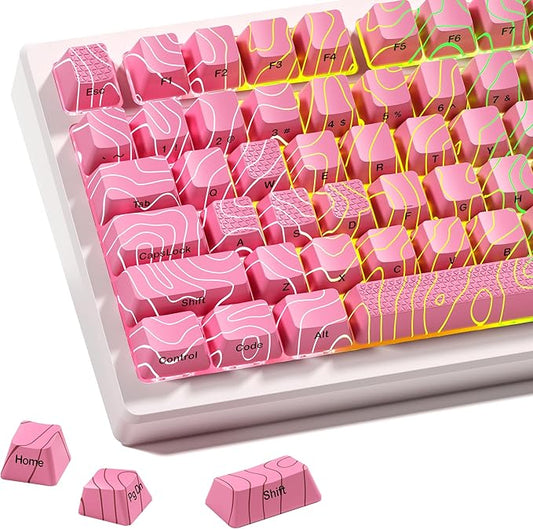XVX Pink Topographic Keycaps with IMD Tech, Shine Through Custom Keycap 60 75 100 Percent, Lines Backlit Keycap Set, OEM Profile, Side Printed Keyboard Key caps for Keyboards(Only Keycaps)