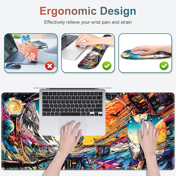 Large Anime Mouse Pad with Wrist Support 4 in1 Set, XXL Big Game Mousepad + Keyboard Wrist Rest+Mouse Wrist Rest Pad +Coaster Gaming Mat for Home Office Computer Boy Man I Strange Planet Space Scene