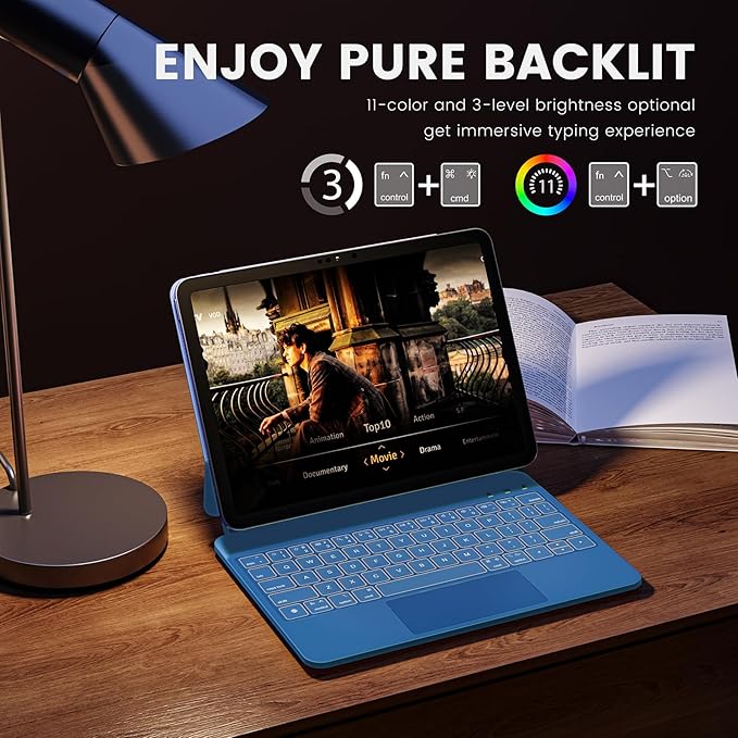 for iPad 11th (A16, 2025)/10th Generation Case with Keyboard, Magic Keyboard 2022, Springy Backlit Keys, Stain-Resistant Surface, Multi-Touch Trackpad, Steel Blue